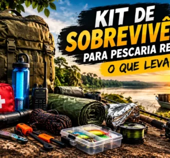 Kit de sobrevivência para pescaria remota com equipamentos essenciais.