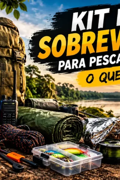 Kit de sobrevivência para pescaria remota com equipamentos essenciais.