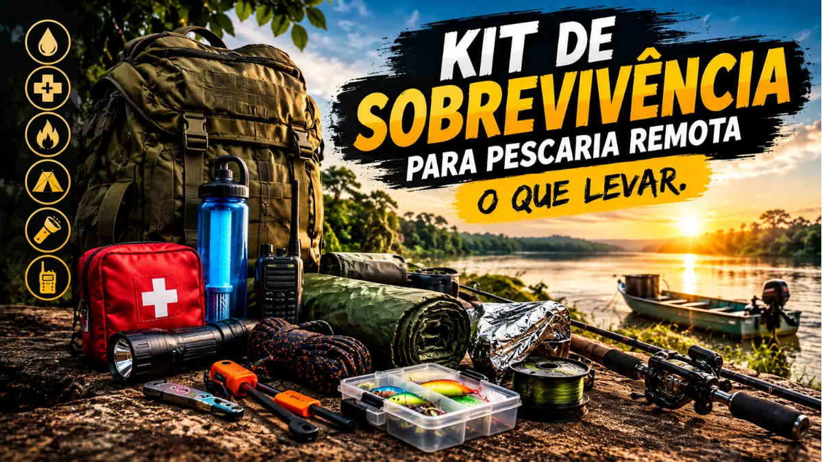 Kit de sobrevivência para pescaria remota com equipamentos essenciais.