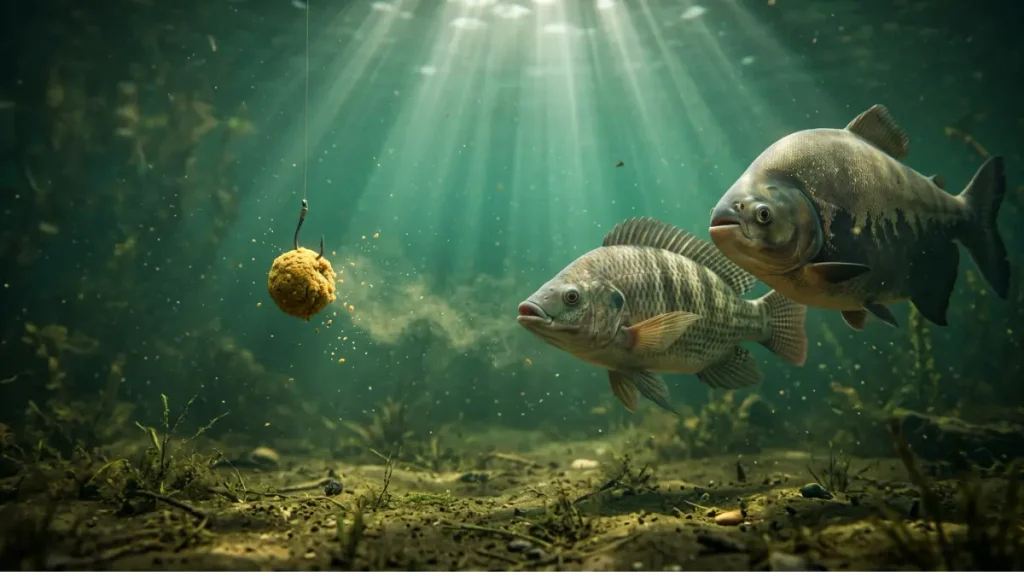 Massa de pesca no anzol liberando rastro de partículas na água com tilápia e tambaqui se aproximando em pesqueiro.