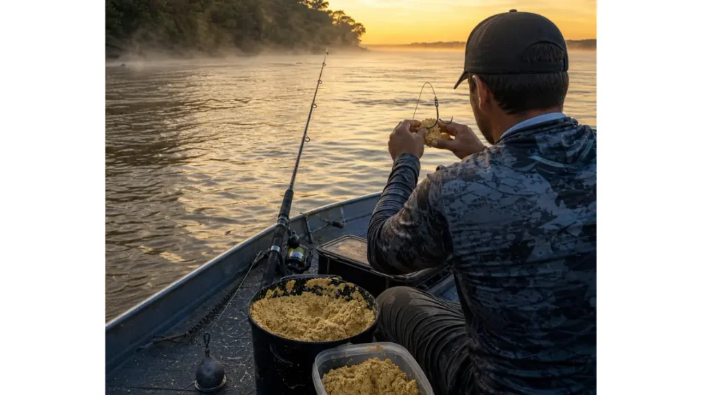 Massa para peixe de couro moldada corretamente no anzol, cobrindo a haste e deixando a ponta livre para aumentar as fisgadas.