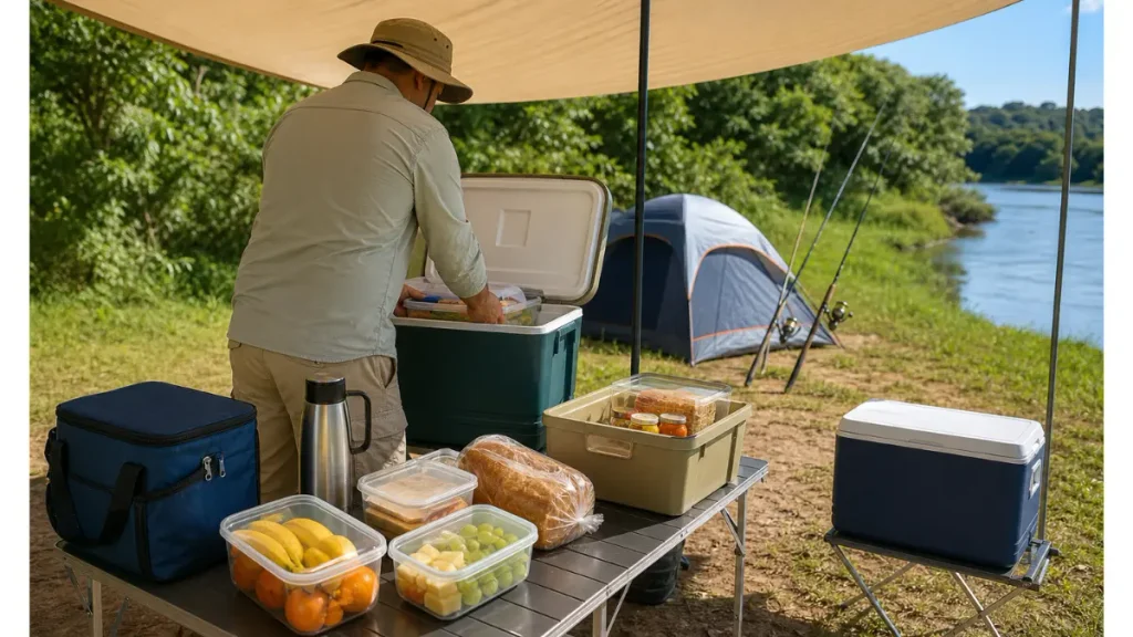 Como conservar alimentos em pescarias longas sem complicação. 4 Pescador organizando alimentos em caixa térmica sob lona de acampamento durante uma pescaria longa.