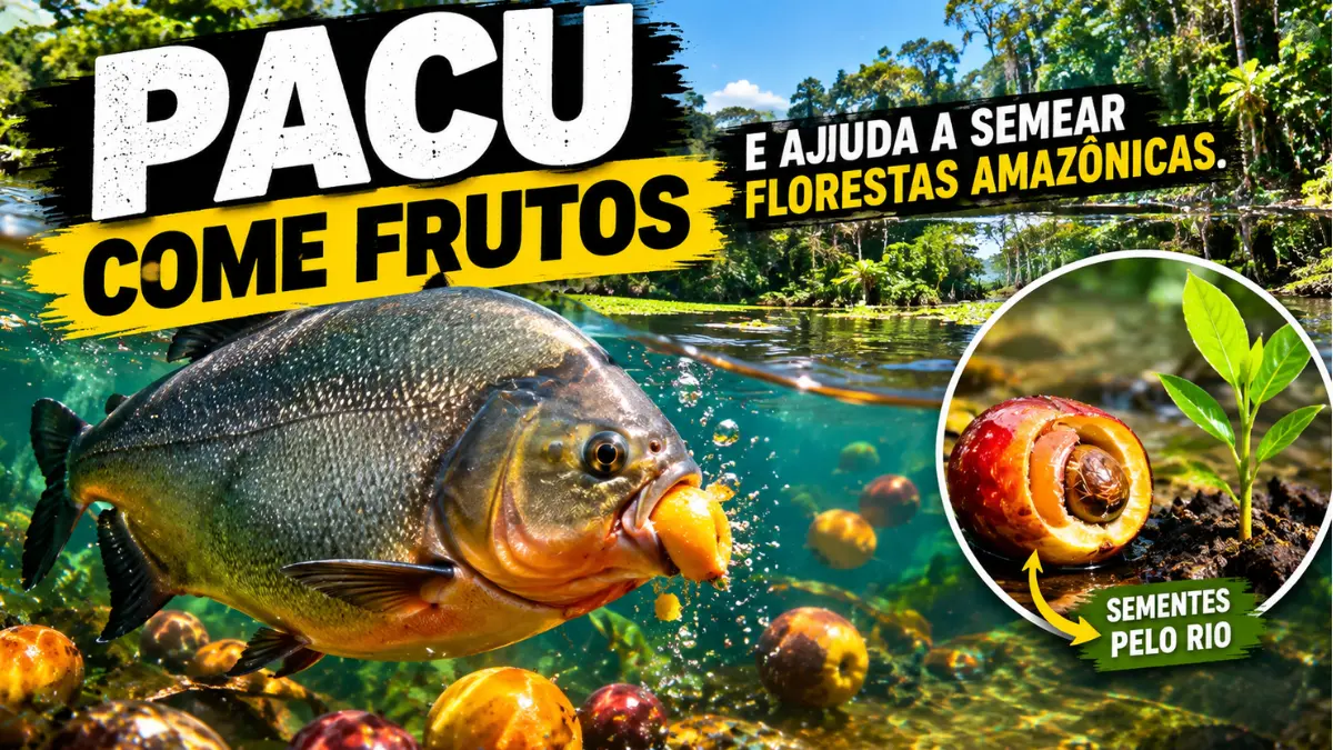 Pacu come frutos no igapó e ajuda a semear florestas amazônicas. 1 Pacu comendo fruto no igapó e ajudando a dispersar sementes na floresta amazônica.