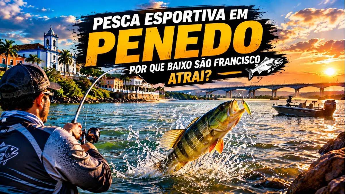 Pesca esportiva em Penedo, no Baixo São Francisco, com pescador e peixe saltando no rio.