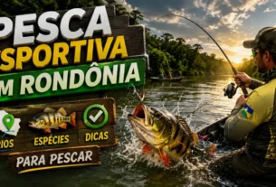 Pesca esportiva em Rondônia em ambiente de rio amazônico cercado por natureza.