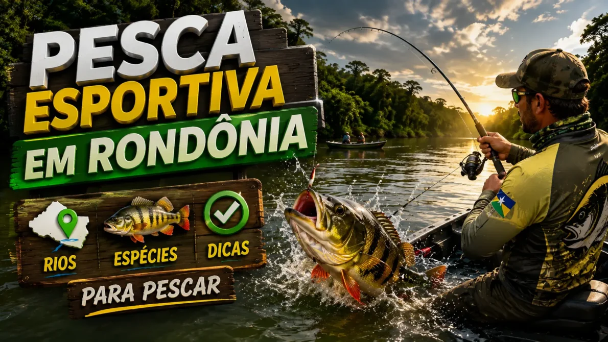 Pesca esportiva em Rondônia em ambiente de rio amazônico cercado por natureza.