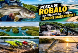 Pesca de robalo nos estuários dos Lençóis Maranhenses entre manguezais, canais e águas costeiras.