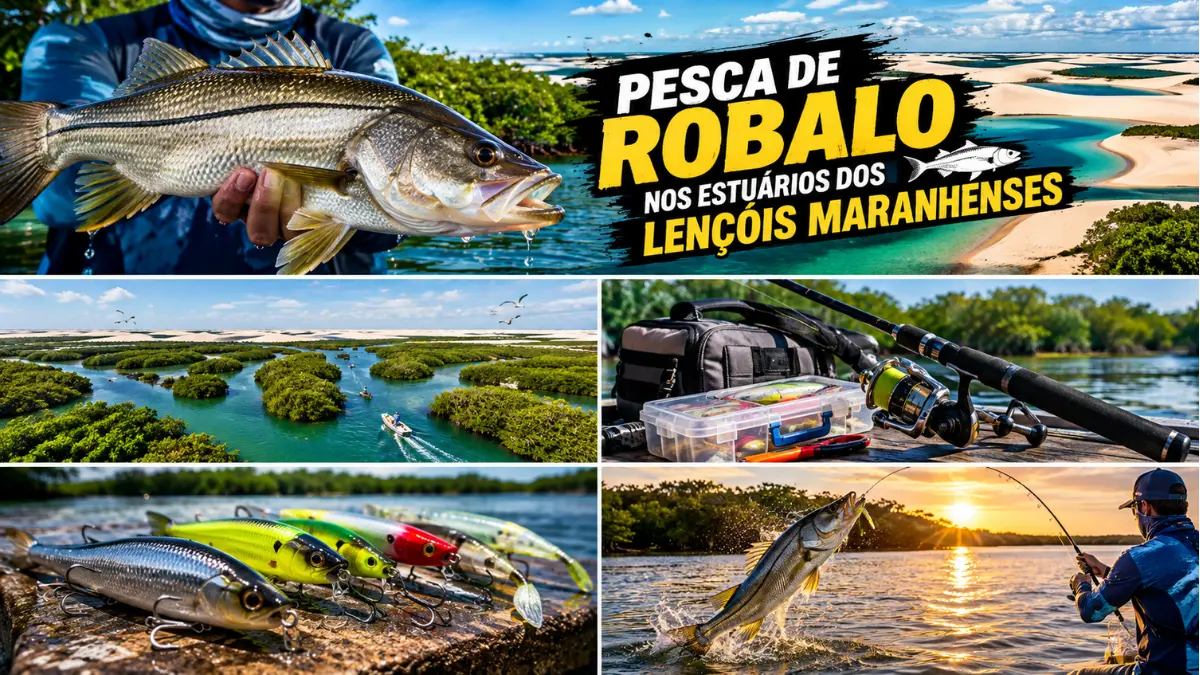 Pesca de robalo nos estuários dos Lençóis Maranhenses entre manguezais, canais e águas costeiras.