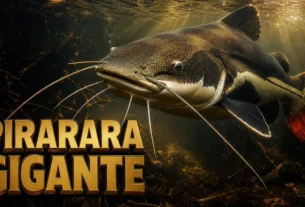 Pirarara gigante nadando em rio amazônico, com barbilhões, faixa lateral clara e cauda avermelhada.