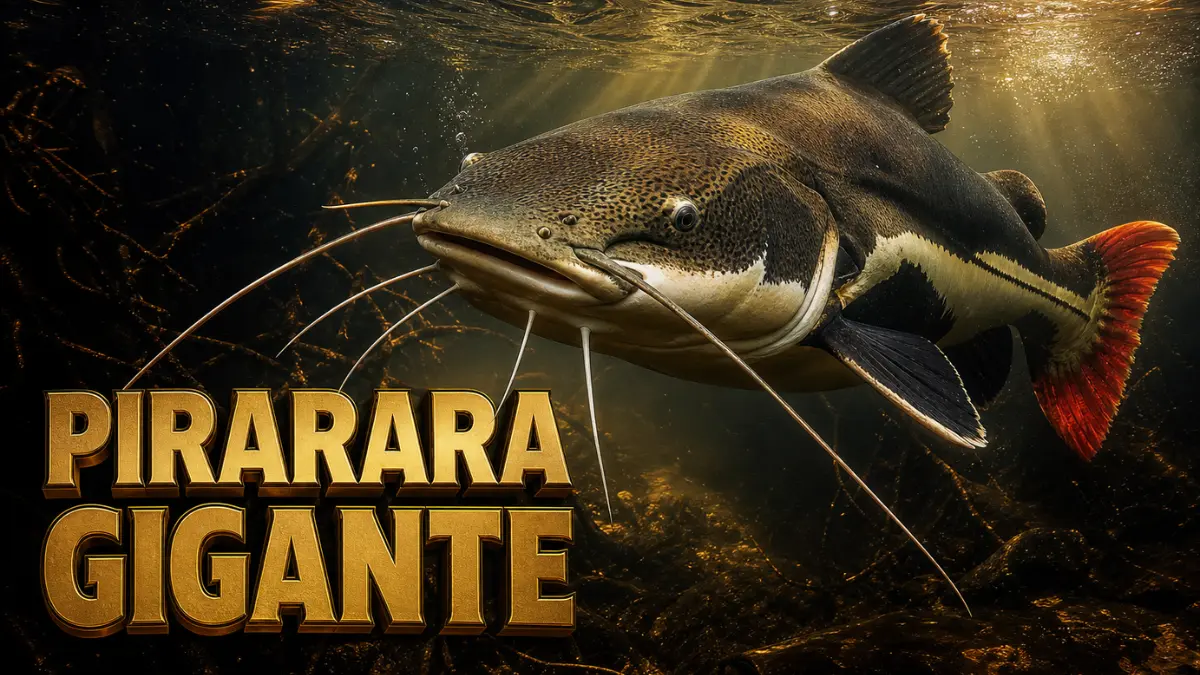 Pirarara: o gigante dos rios amazônicos e sua biologia única. 1 Pirarara gigante nadando em rio amazônico, com barbilhões, faixa lateral clara e cauda avermelhada.