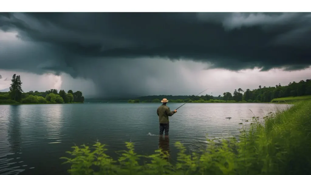 Mudança do tempo e aproximação de tempestade durante pescaria em lago.