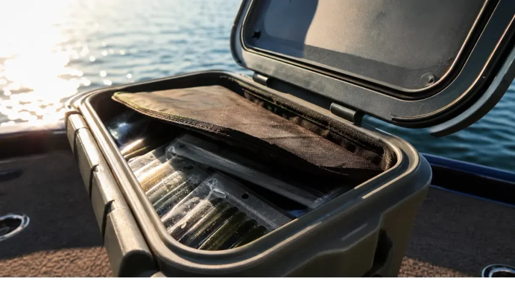  Iscas soft protegidas dentro de caixa térmica e bolsa opaca contra o calor e a luz solar em barco de pesca.