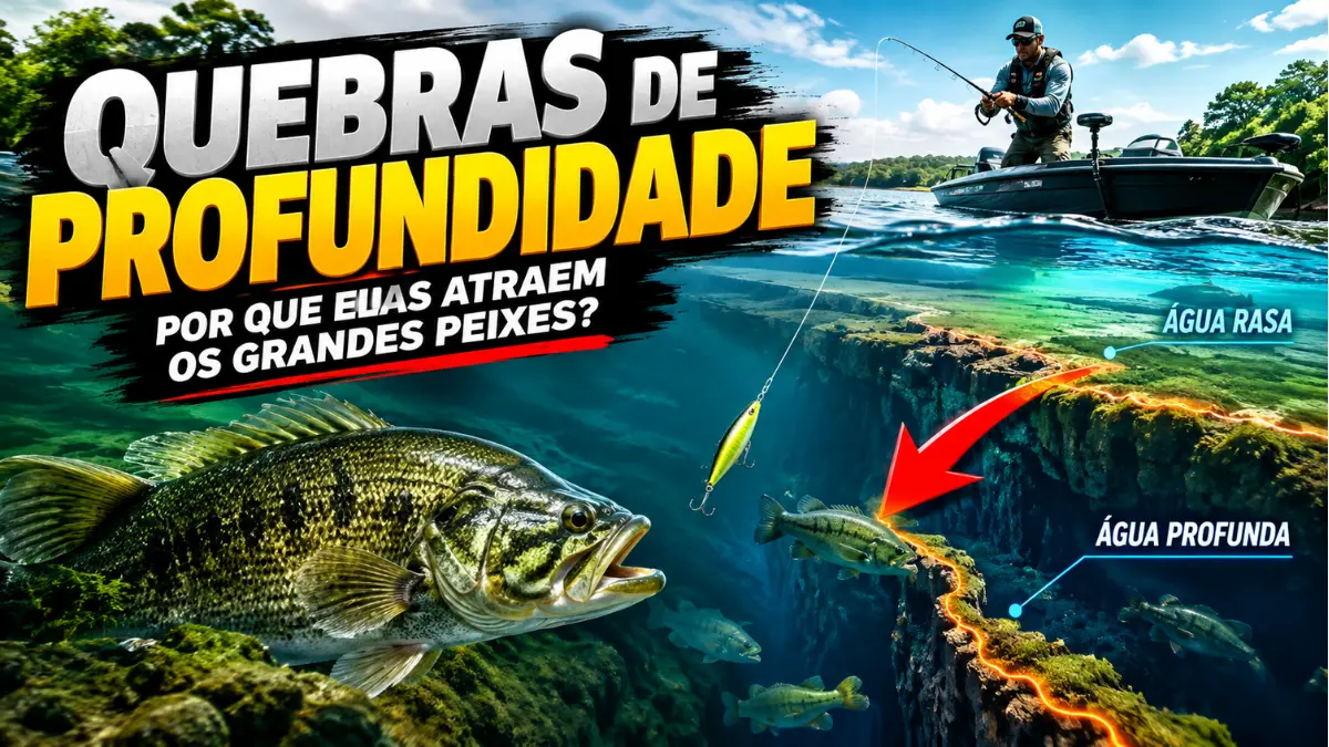 Quebras de profundidade no lago atraindo grandes peixes para a área de transição entre águas rasas e profundas.