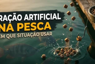 Ração artificial na pesca, caindo na água com respingos, anzol iscado com pellet e tilápias subindo à superfície em pesqueiro.