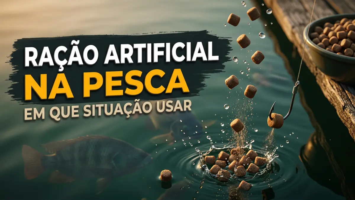 Ração artificial na pesca, caindo na água com respingos, anzol iscado com pellet e tilápias subindo à superfície em pesqueiro.