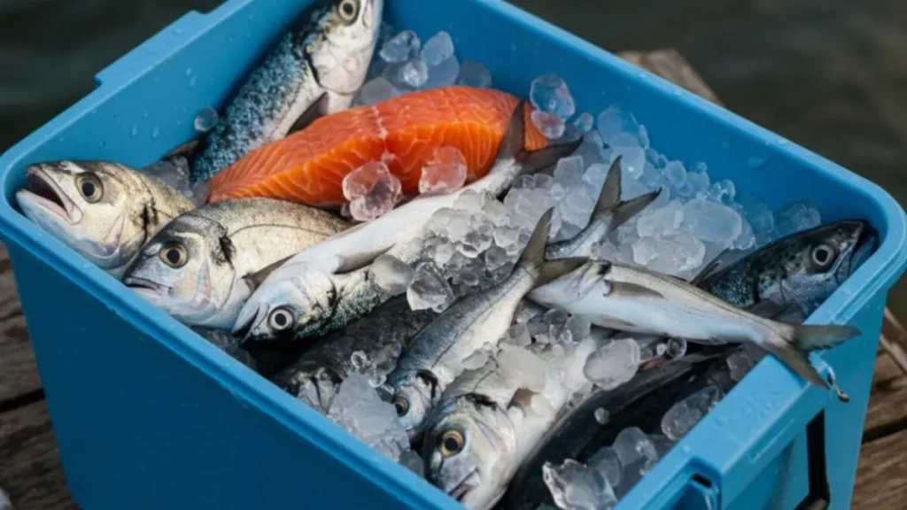 Resfriamento imediato de peixe recém-capturado com gelo durante a pescaria.