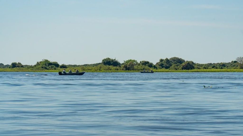 Rio Paraguai no Pantanal, com ambiente de pesca esportiva e peixes de água doce.
