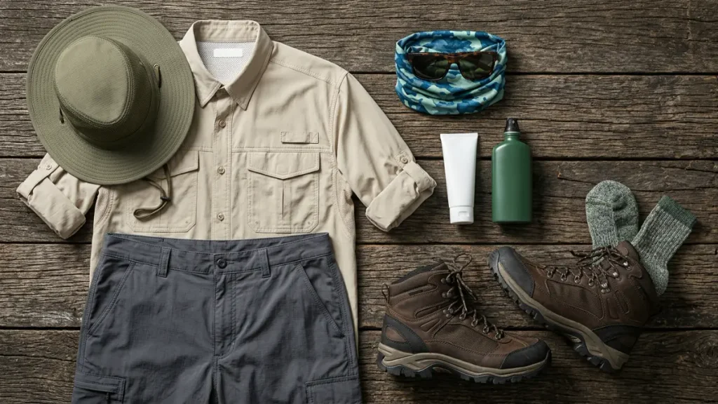 Roupas e equipamentos de proteção para pescar acampado, organizados sobre madeira, com camisa UV, chapéu, óculos polarizados, botas e repelente.