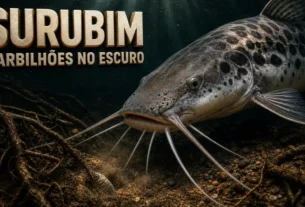 Surubim pintado explorando o fundo escuro de um rio com seus barbilhões.