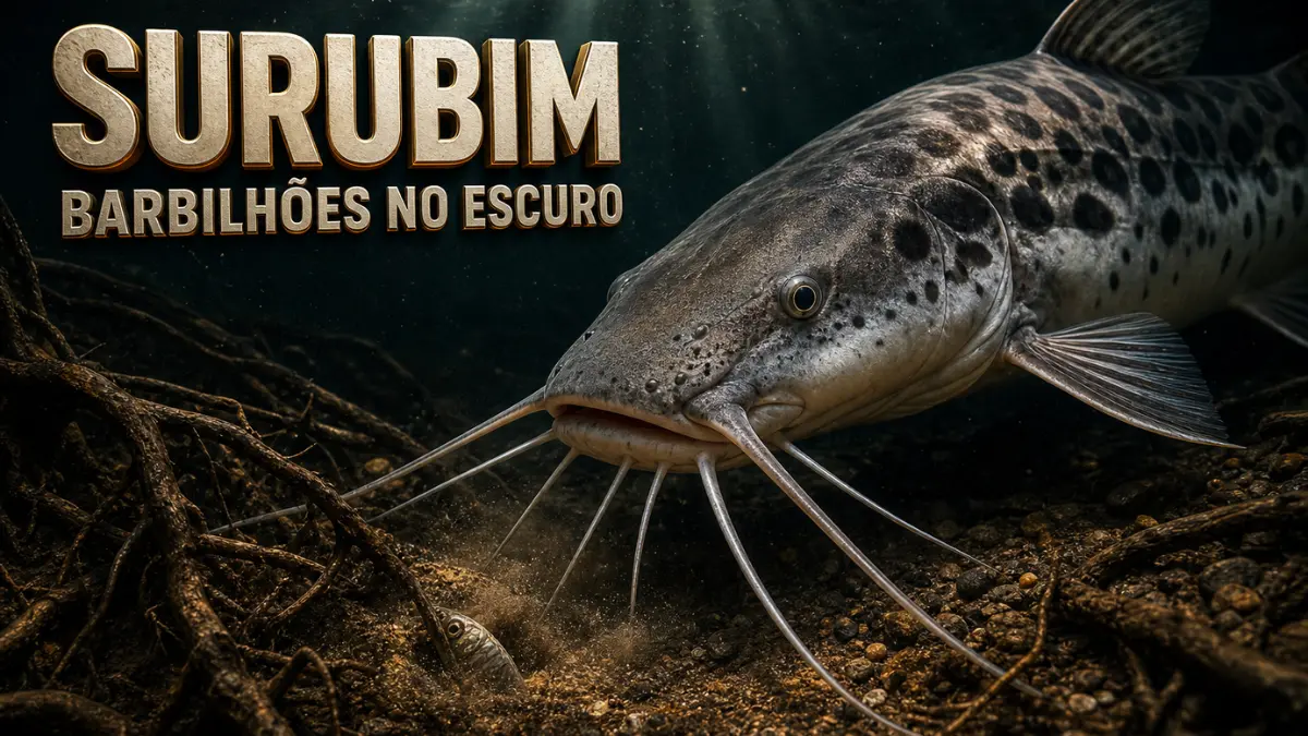 Surubim pintado explorando o fundo escuro de um rio com seus barbilhões.