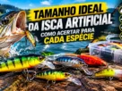 Comparativo de iscas artificiais pequenas, médias e grandes ao lado de diferentes peixes predadores, mostrando como escolher o tamanho ideal da isca para cada espécie.