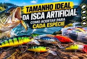 Comparativo de iscas artificiais pequenas, médias e grandes ao lado de diferentes peixes predadores, mostrando como escolher o tamanho ideal da isca para cada espécie.