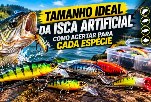 Comparativo de iscas artificiais pequenas, médias e grandes ao lado de diferentes peixes predadores, mostrando como escolher o tamanho ideal da isca para cada espécie.