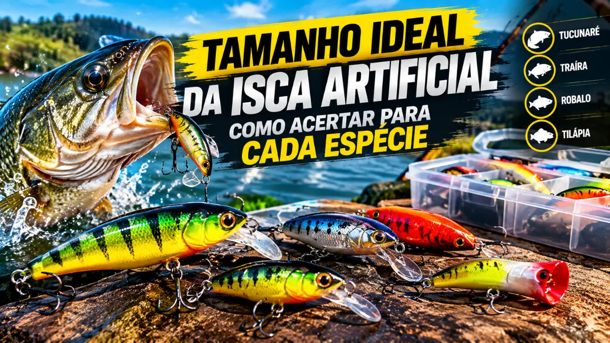 Comparativo de iscas artificiais pequenas, médias e grandes ao lado de diferentes peixes predadores, mostrando como escolher o tamanho ideal da isca para cada espécie.