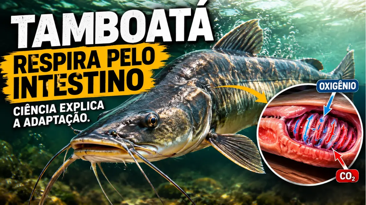 Tamboatá em ambiente aquático destacando a adaptação que permite respirar pelo intestino.