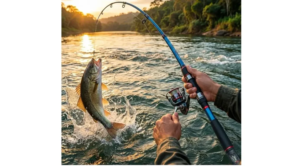Pescador realizando fisgada com vara de pesca e linha tensionada.