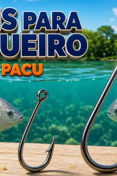Anzóis de diferentes tamanhos sobre um deque claro, com tilápia e pacu na água ao fundo.