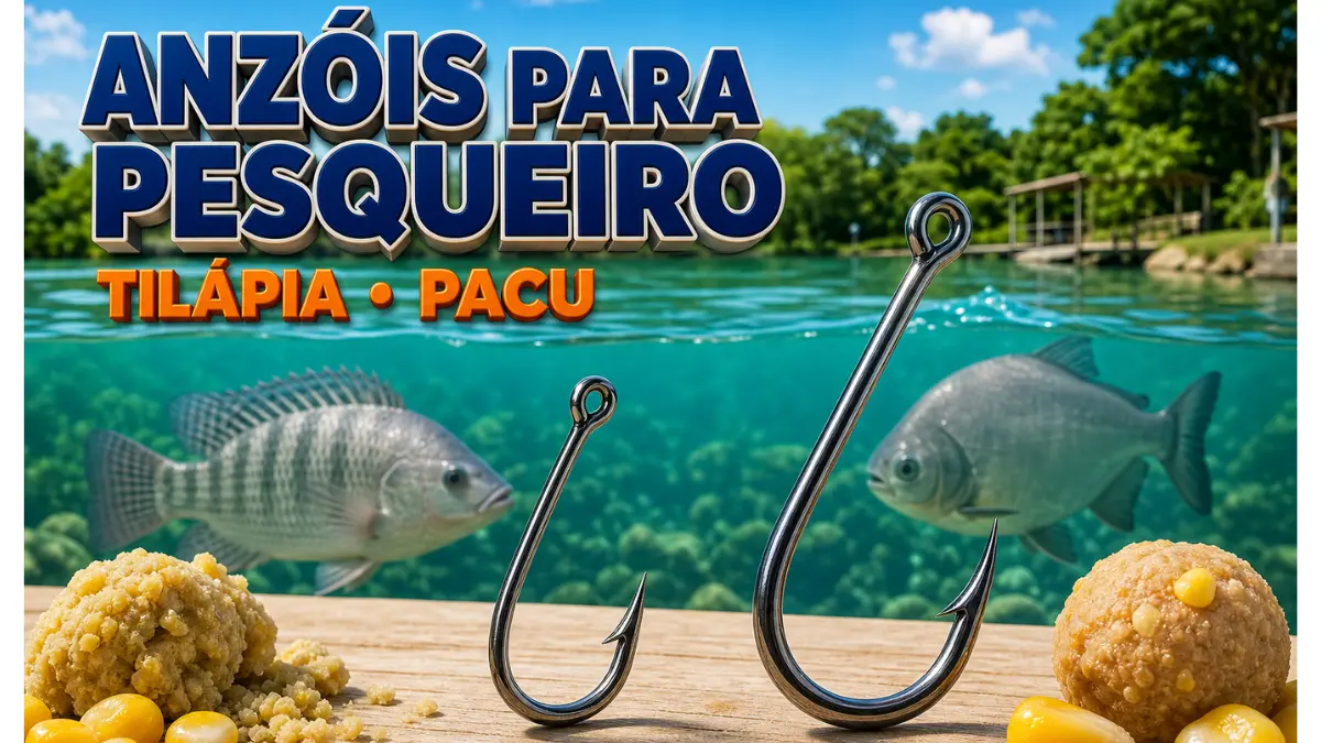 Anzóis de diferentes tamanhos sobre um deque claro, com tilápia e pacu na água ao fundo.