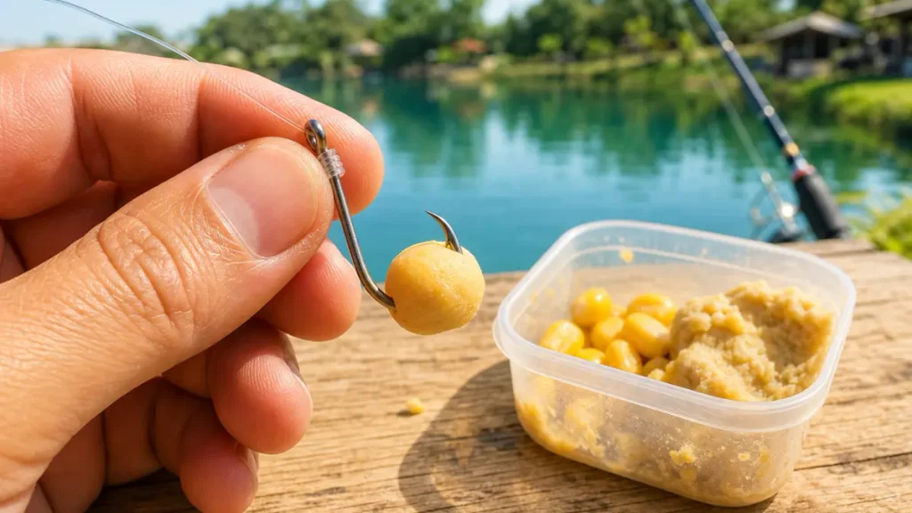 Anzol simples com isca de massa e ponta exposta para pescar pacu no pesqueiro.