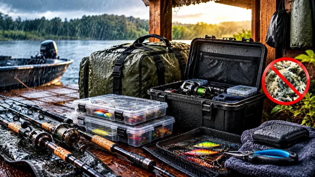 Proteger equipamentos de pesca da chuva.