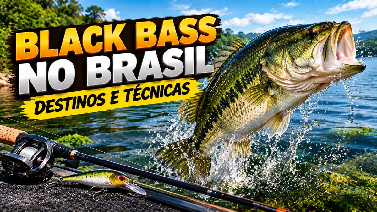 Black bass saltando para fora da água durante a pesca esportiva, com destaque para os destinos e as técnicas de captura no Brasil.