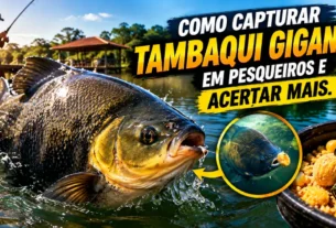Pescador lutando com um tambaqui gigante na superfície de um pesqueiro, com a vara curvada e a rede de captura próxima.