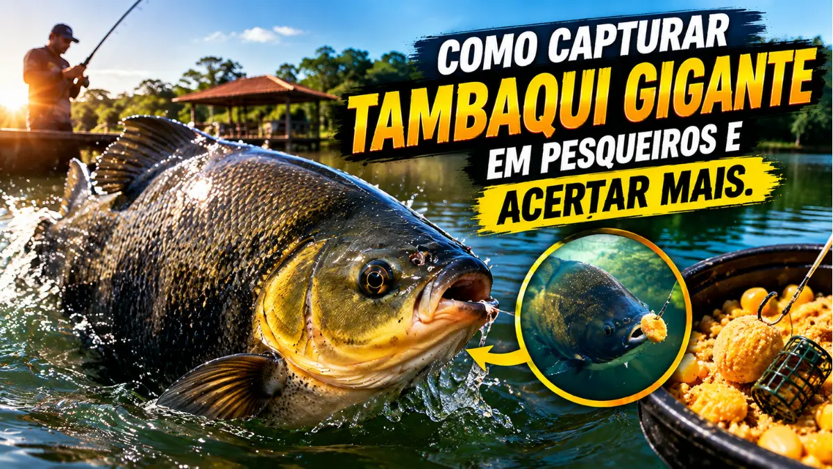 Pescador lutando com um tambaqui gigante na superfície de um pesqueiro, com a vara curvada e a rede de captura próxima.