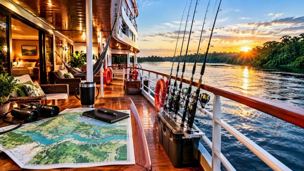 Mapa da Amazônia, binóculos, caderno e varas de pesca no convés de um barco-hotel.