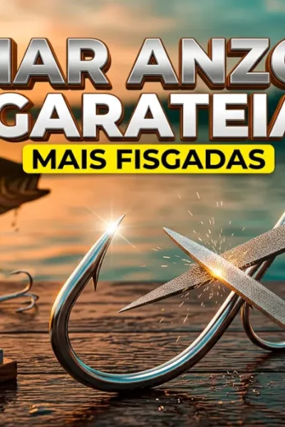 Anzol e garateia de aço inoxidável, sendo afiados com lima diamantada, ao lado de isca artificial, pedra de afiar e alicate de pesca, para aumentar as fisgadas.