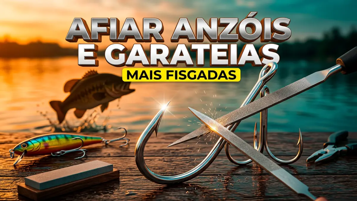 Anzol e garateia de aço inoxidável, sendo afiados com lima diamantada, ao lado de isca artificial, pedra de afiar e alicate de pesca, para aumentar as fisgadas.