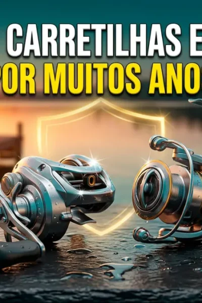 Carretilha e molinete limpos sobre superfície molhada, com frasco de óleo lubrificante, pano e escovinha de limpeza.