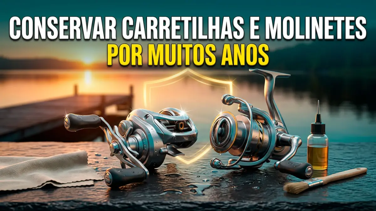 Carretilha e molinete limpos sobre superfície molhada, com frasco de óleo lubrificante, pano e escovinha de limpeza.