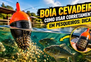 Boia cevadeira carregada com ração flutuando em pesqueiro, enquanto um tambaqui se aproxima da isca abaixo da superfície.
