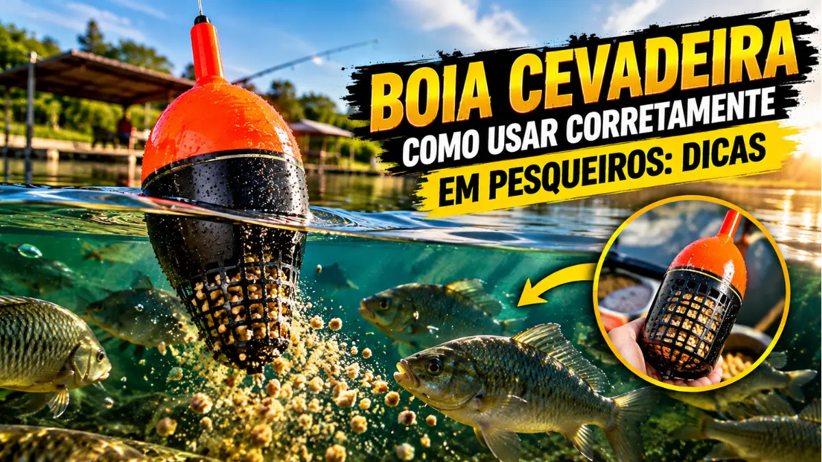 Boia cevadeira carregada com ração flutuando em pesqueiro, enquanto um tambaqui se aproxima da isca abaixo da superfície.