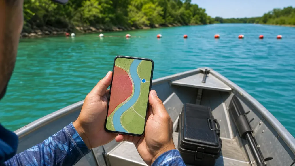 Pescador consultando um mapa ilustrativo no celular dentro de um barco, com uma área destacada em vermelho e boias ao fundo.