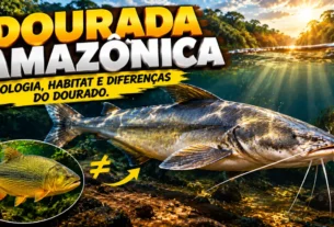 Dourada amazônica, peixe de couro com barbilhões, em destaque para explicar sua biologia, seu habitat e as diferenças em relação ao dourado.