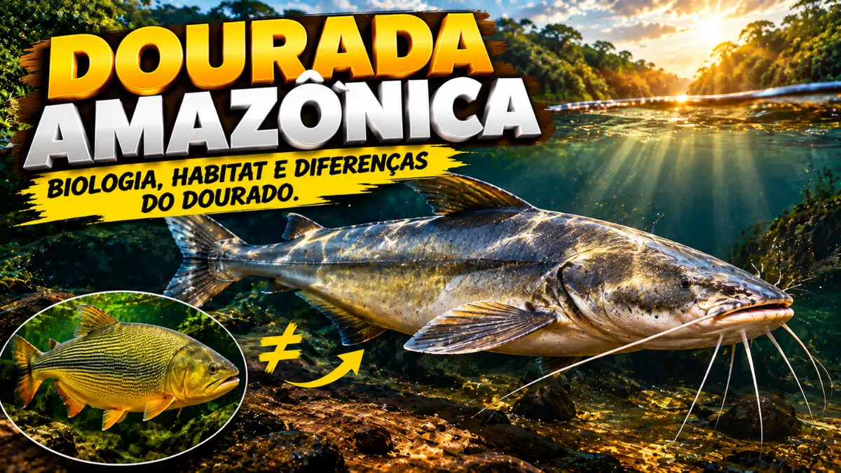 Dourada amazônica, peixe de couro com barbilhões, em destaque para explicar sua biologia, seu habitat e as diferenças em relação ao dourado.