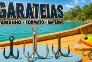 Garatéias de pesca de diferentes tamanhos e acabamentos metálicos sobre um barco.