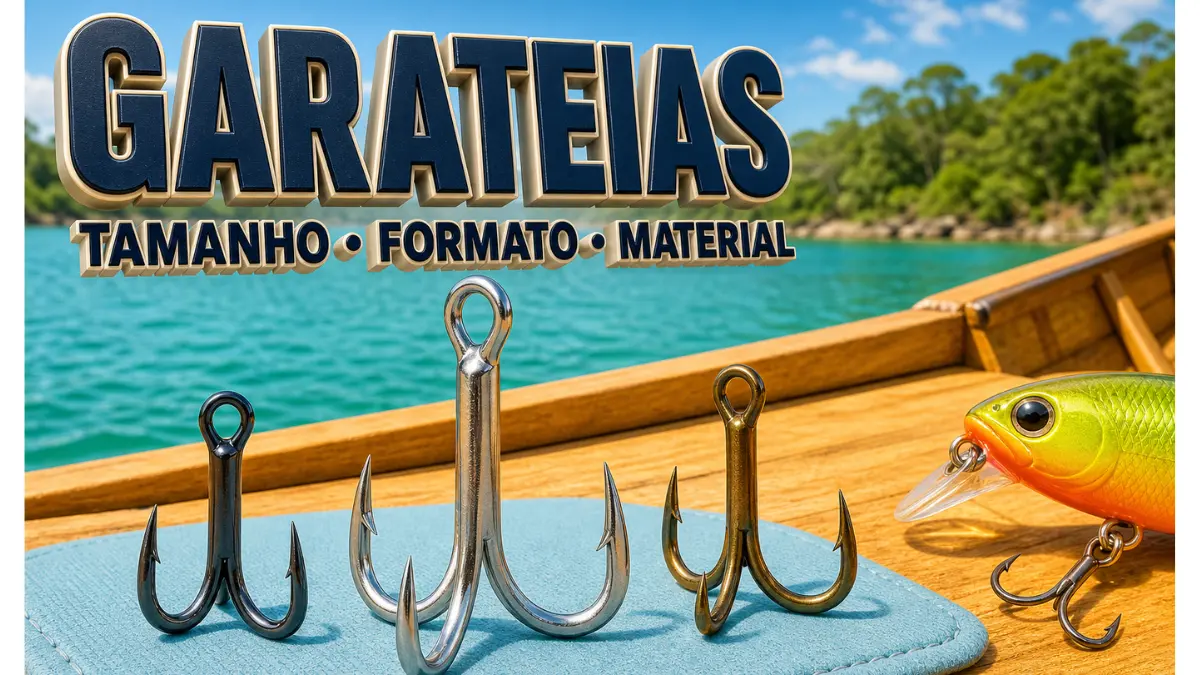 Garatéias de pesca de diferentes tamanhos e acabamentos metálicos sobre um barco.