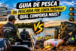 Guia de pesca ou pescaria por conta própria com equipamentos organizados.
